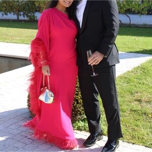 Trina Turk Largo One Shoulder Feather Trim Caftan Maxi Dress (Hibiscus Color)